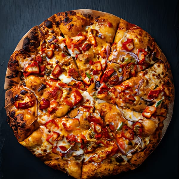 Overhead view of a sliced, golden-crusted pizza topped with chicken tikka, red peppers, and onions.