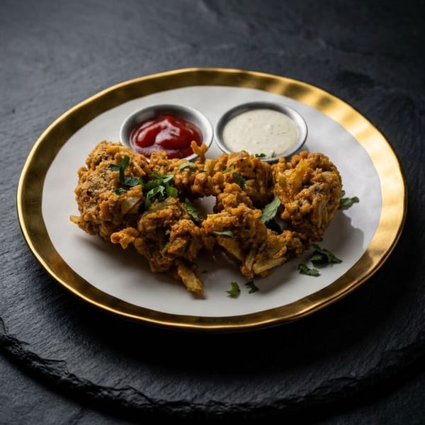 Crispy fried calamari with fresh herbs, served with ketchup and ranch on a white and gold plate.