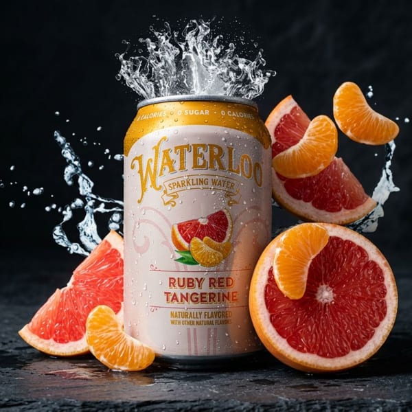 Waterloo Ruby Red Tangerine sparkling water can with splashing water, grapefruit, and tangerine slices.
