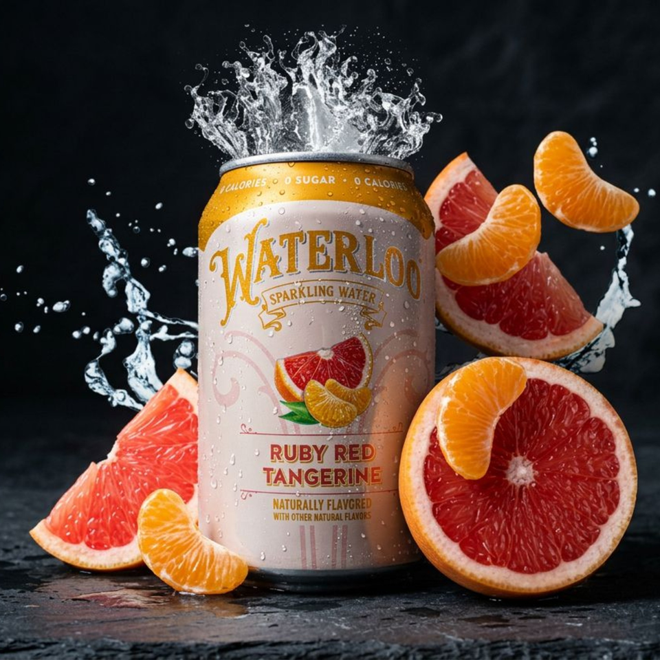 Waterloo Ruby Red Tangerine sparkling water can with splashing water, grapefruit, and tangerine slices.