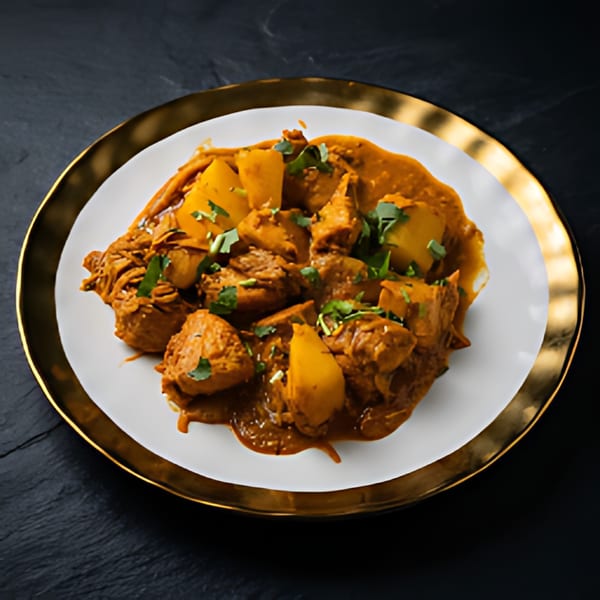 A golden-rimmed white plate holds The Kabab House's chicken and potato curry, garnished with cilantro.