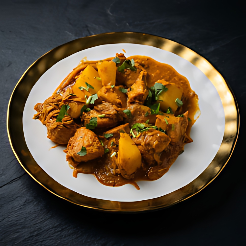 A golden-rimmed white plate holds The Kabab House's chicken and potato curry, garnished with cilantro.
