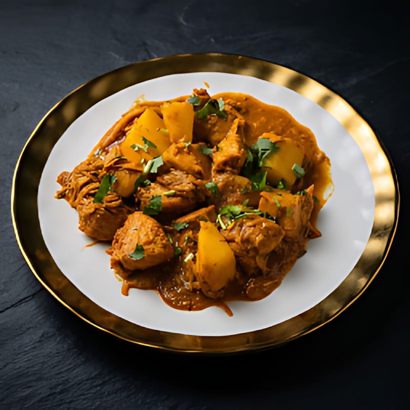 A golden-rimmed white plate holds The Kabab House's chicken and potato curry, garnished with cilantro.
