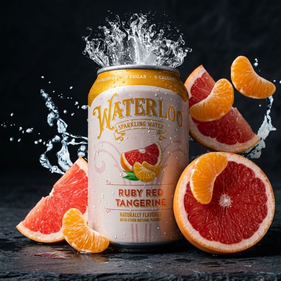 Waterloo Ruby Red Tangerine sparkling water can with grapefruit and tangerine slices, splashing water.
