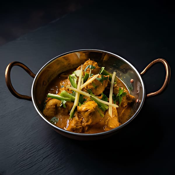 Chicken karahi in a traditional copper pot, garnished with ginger and green chilies.