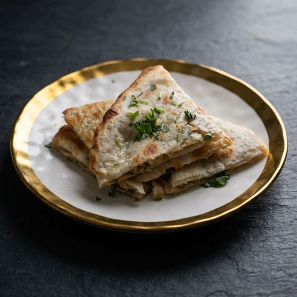 Golden-edged white plate with a stack of triangular flatbreads garnished with fresh herbs.