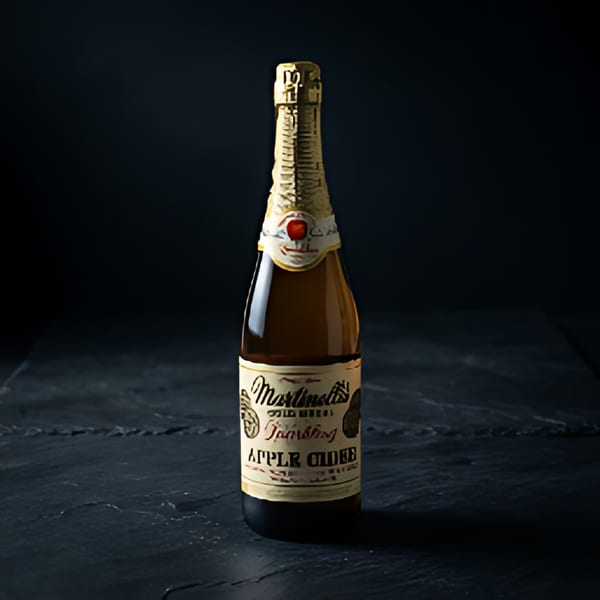 A bottle of Martinelli's Sparkling Apple Cider stands on a dark, textured surface.