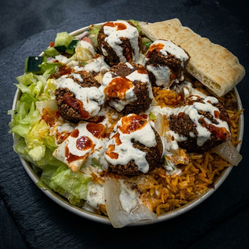 A bowl of falafel, rice, salad, and pita bread, drizzled with white and red sauces.