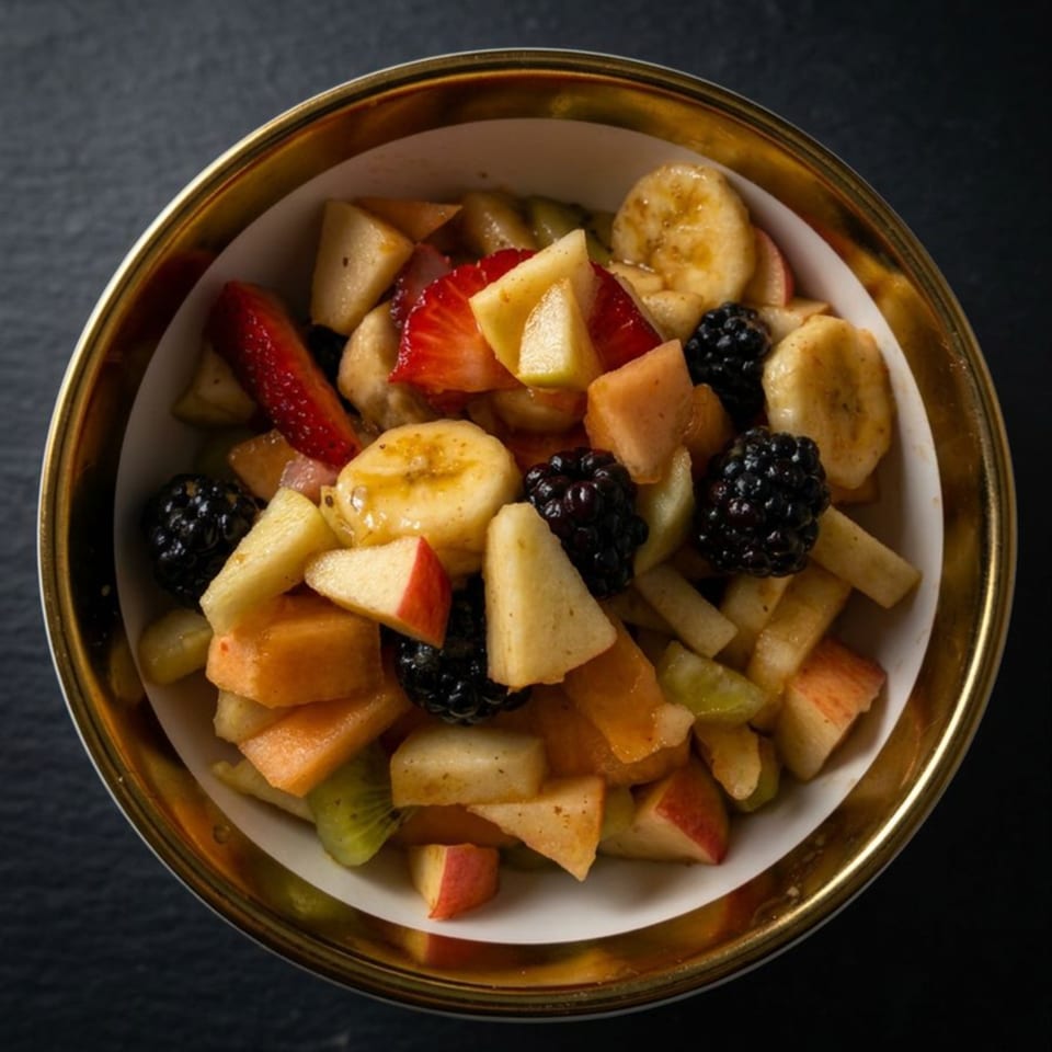 A golden-rimmed bowl filled with a colorful fruit salad including apples, bananas, strawberries, and blackberries.