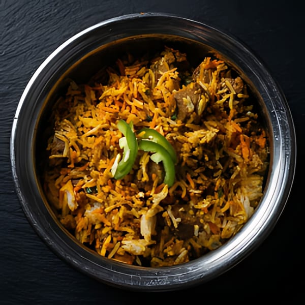 Close-up of The Kabab House's biryani with meat, rice, and green chili slices in a metal bowl.