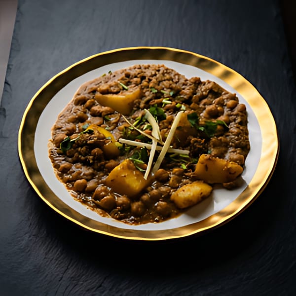 A golden-rimmed white plate holds a serving of The Kabab House's chana aloo, garnished with ginger and cilantro.