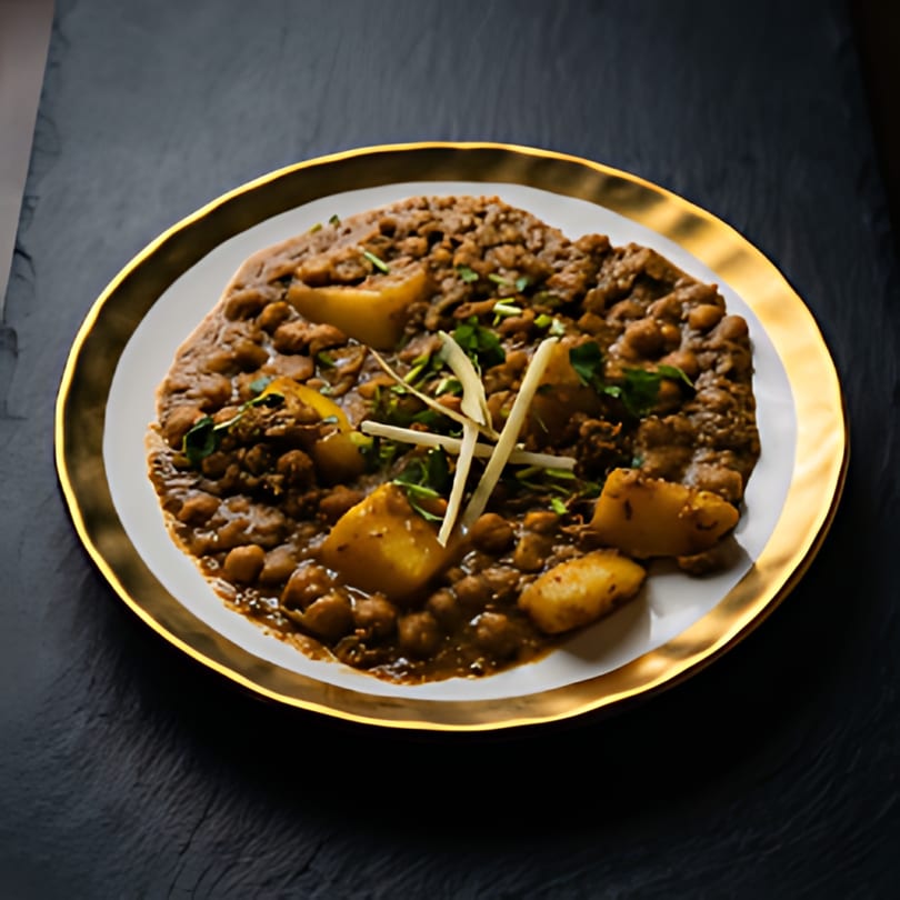 A golden-rimmed white plate holds a serving of The Kabab House's chana aloo, garnished with ginger and cilantro.