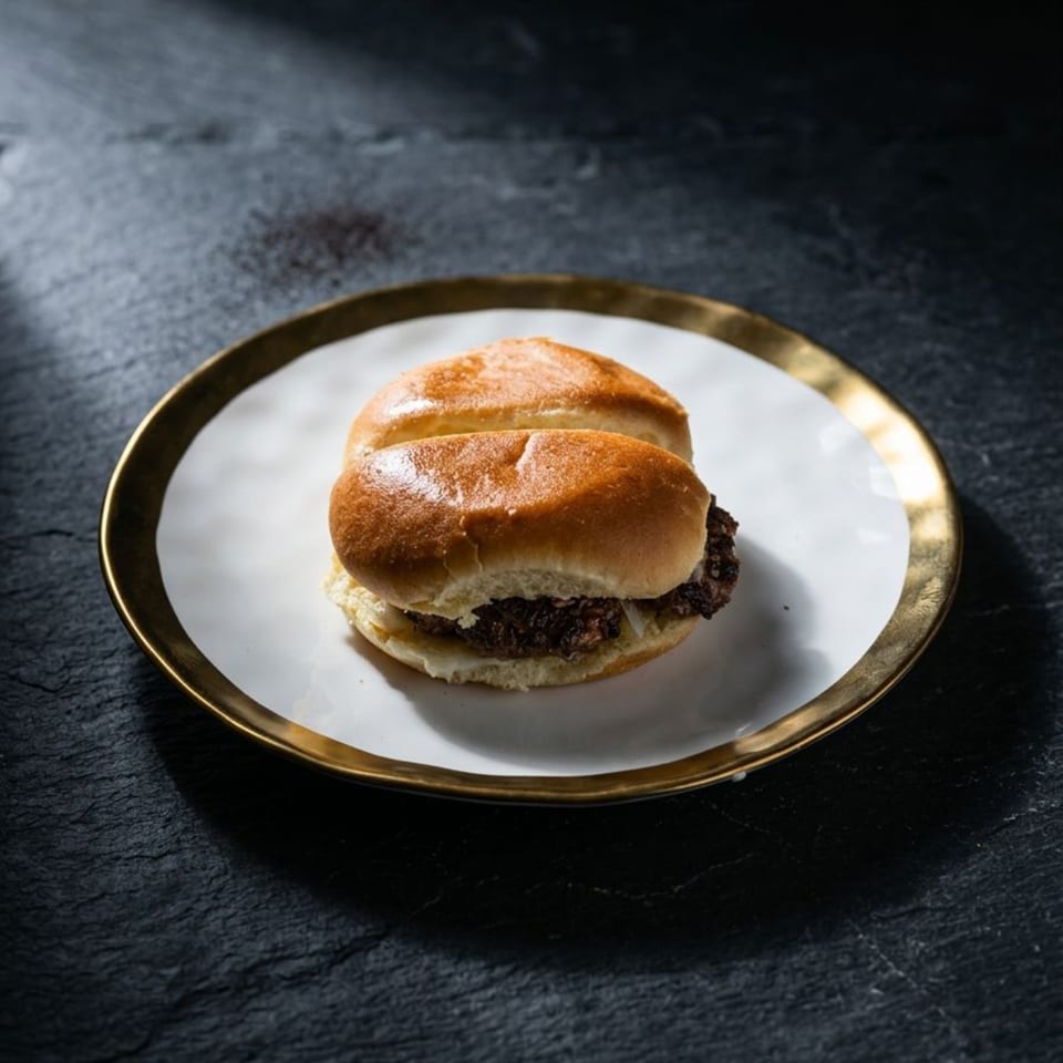 A single slider with a dark patty and white sauce on a white plate with a gold rim.