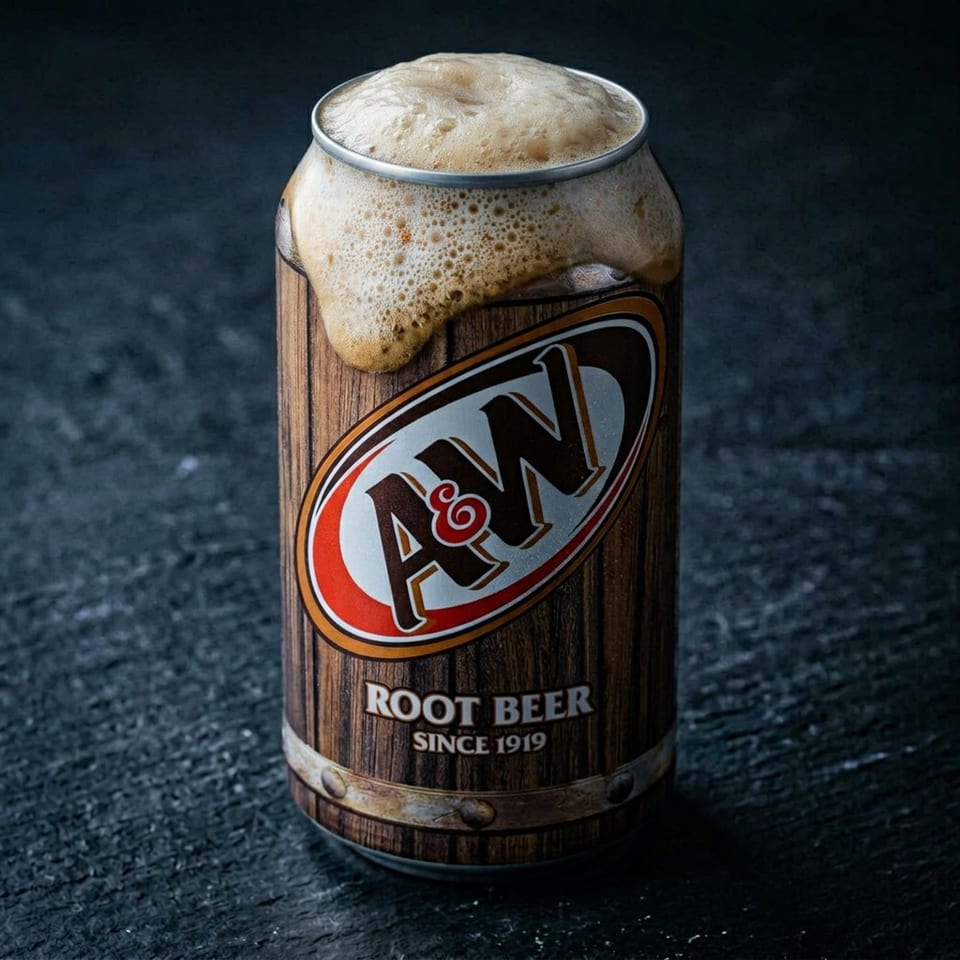 An A&W Root Beer can, designed like a wooden barrel, overflowing with foamy root beer.