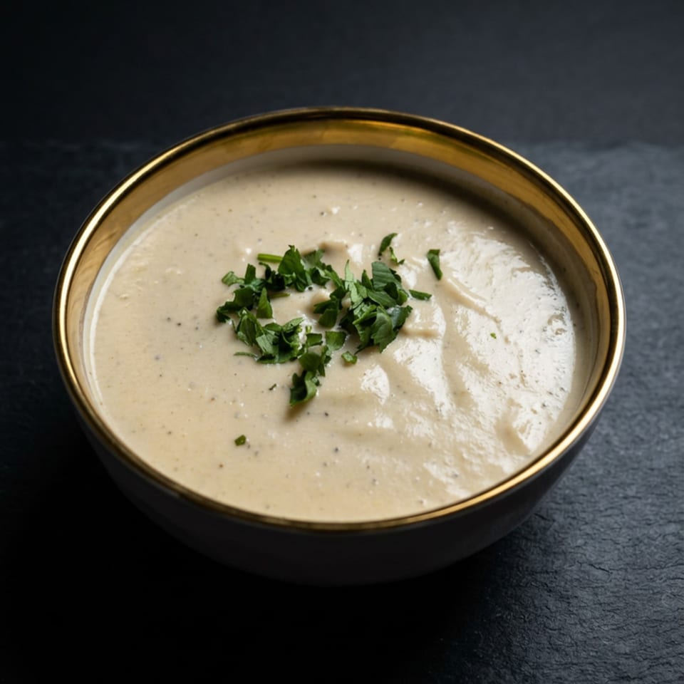 Creamy beige soup with green herbs in a black bowl with a gold rim on a dark surface.