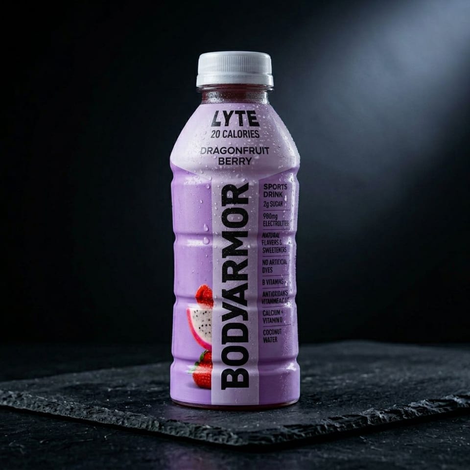 A purple bottle of Bodyarmor Lyte Dragonfruit Berry sports drink on a dark stone surface.