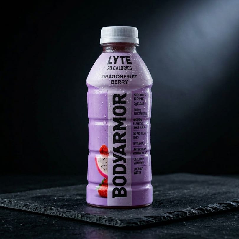 A purple bottle of Bodyarmor Lyte Dragonfruit Berry sports drink on a dark stone surface.