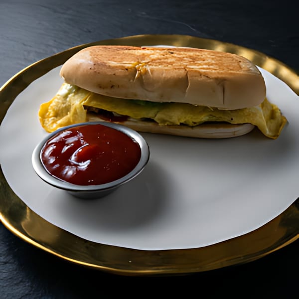 A toasted sandwich with egg and cheese, served with a side of ketchup on a white and gold plate.