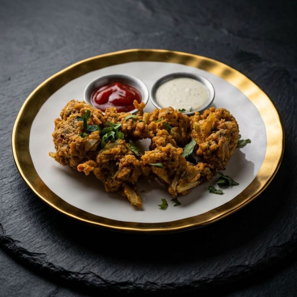 Golden-fried pakoras with fresh herbs, served with ketchup and a creamy white sauce on a gold-rimmed plate.