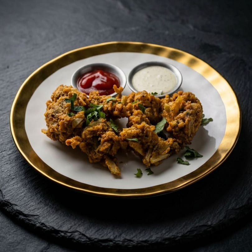 Golden-fried pakoras with fresh herbs, served with ketchup and a creamy white sauce on a gold-rimmed plate.