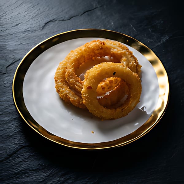 Golden-fried onion rings on a white plate with a gold rim, against a dark stone background.